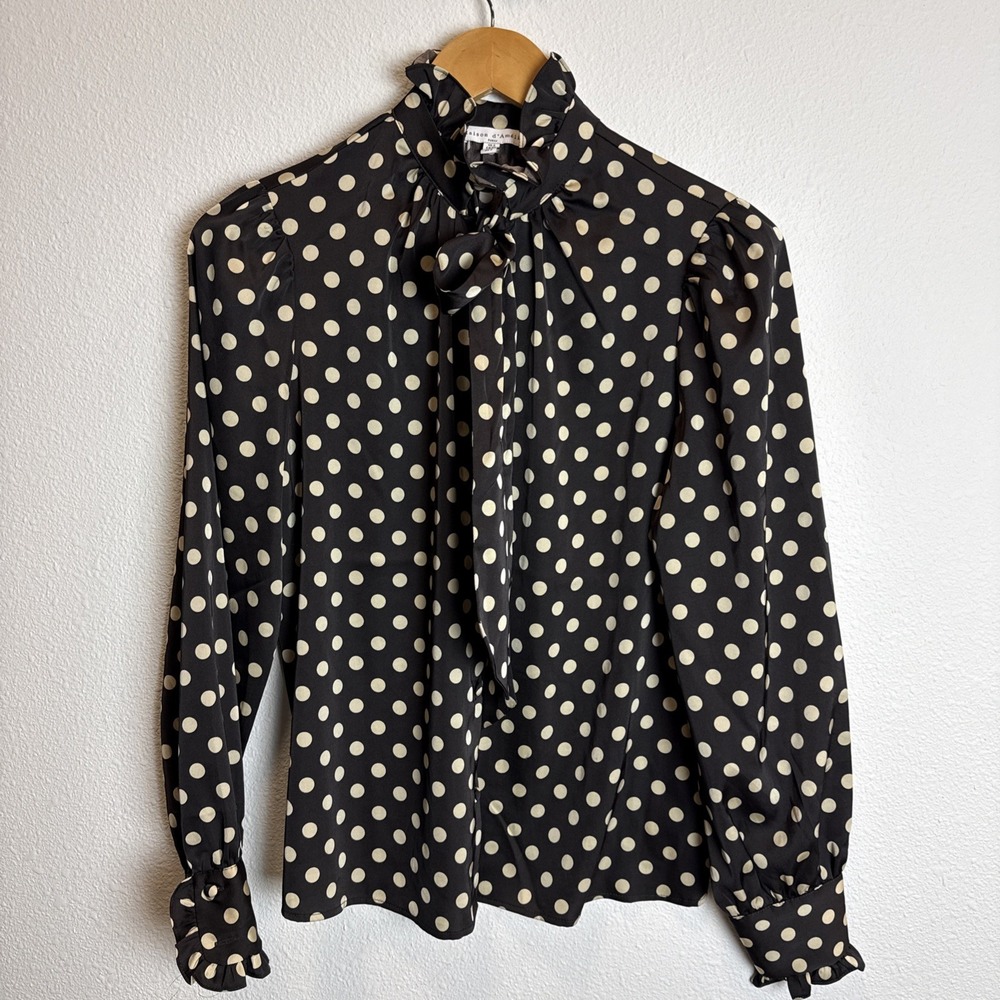 Maison d'Amelie Brown/Tan Polka Dot Ruffle Collar Tie Neck Button-up Blouse S
